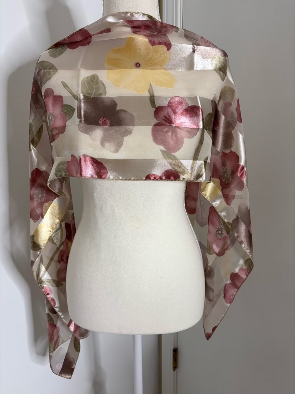 Source Unknown Floral Satin Scarf- Cream, Pink & Yellow